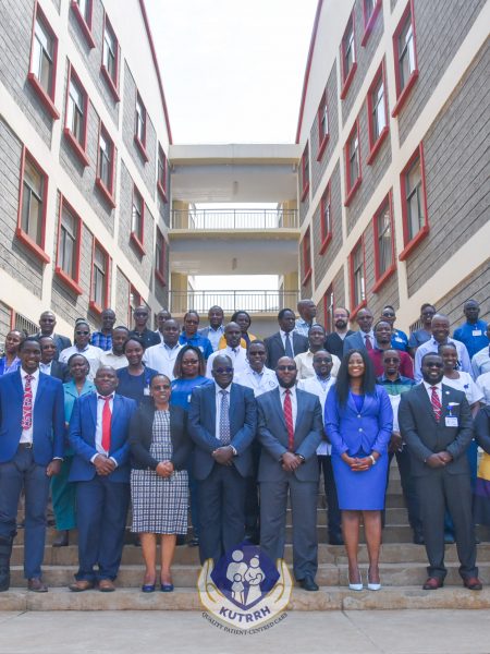 Members of the KUTRRH Hospital Management Team (HMT) led by CEO, Ahmed Dagane with a team from e-citizen technical working group after a joint sensitization on onboarding KUTRRH services to the e-citizen platform.