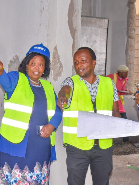 The Chairperson of KUTRRH’s Board, Prof. Olive Mugenda is shown around the ongoing extension of the Cancer Care Centre.