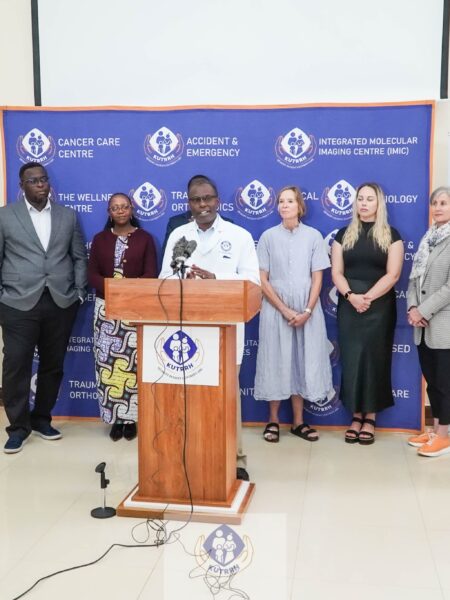 KUTRRH'S Ag.Director Clinical Services Dr.Anthony Kamau (Center)with the multi-disciplinary team of Surgeons from both local and International during the final day of the Breast Reconstruction Symposium