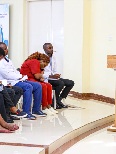 KUTRRH'S CEO Dr.Zeinab Gura with a section of staff during the staff welfare petition meeting to address staff concerns.