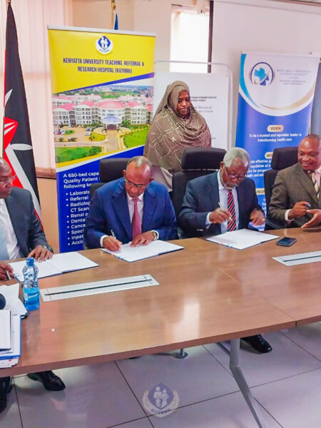 Sen. Kembi-Gitura, the Board chairperson, Hon Leonard Sang, a board member and Dr. Zeinab Gura, the Ag. CEO signed performance conbracts or SAGAs under the health ministry for the financial year 2024/2025. The ceremony was presided over by the Health Cabinet Secretary, Hon. Aden Duale, and witnessed by PS, Medical Services, Mr. Harry Kimati.